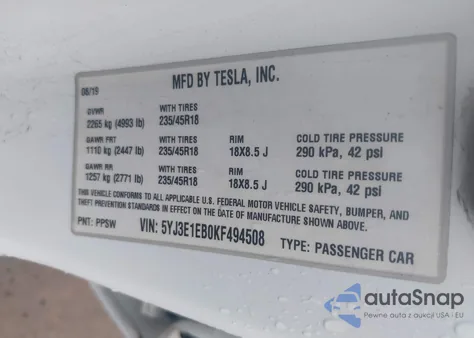 2019 Tesla Model 3 Long Range/Performance from USA, damaged, VIN 5YJ3E1EB0KF494508